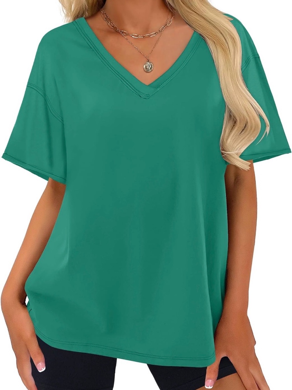 ANRABESS Oversized V Neck Tee Green Medium
